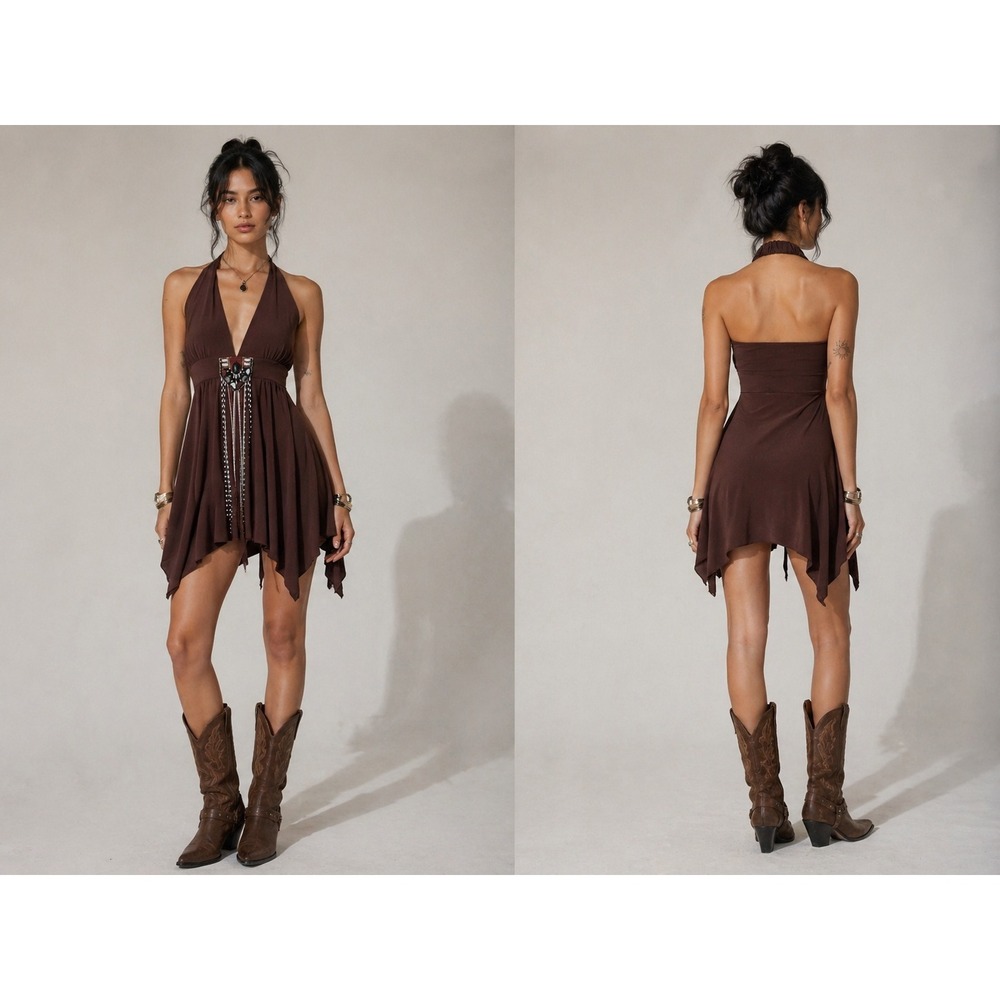 Y2K Arden B. Halter Top XS Brown Beaded Fringe Boho Indie Western Festival Fairy
